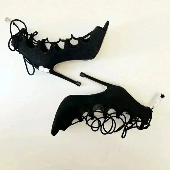 Aldo Sergioa Lace Up Stiletto Heels Peep Toe Black Micro Suede Size 7.5 - Picture 14 of 16